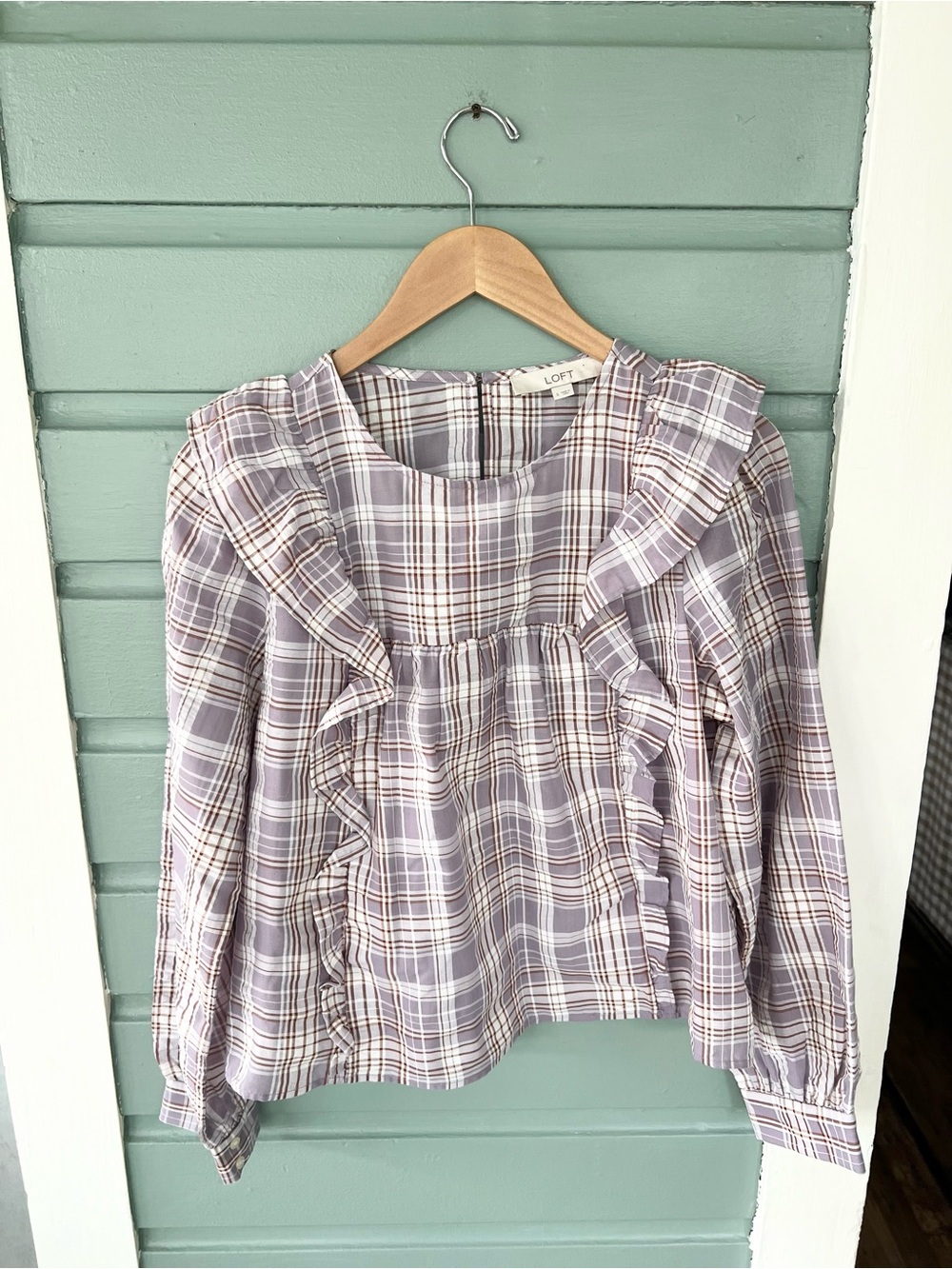 Loft purple brown plaid ruffle neck blouse casual fall size S peasant prairie